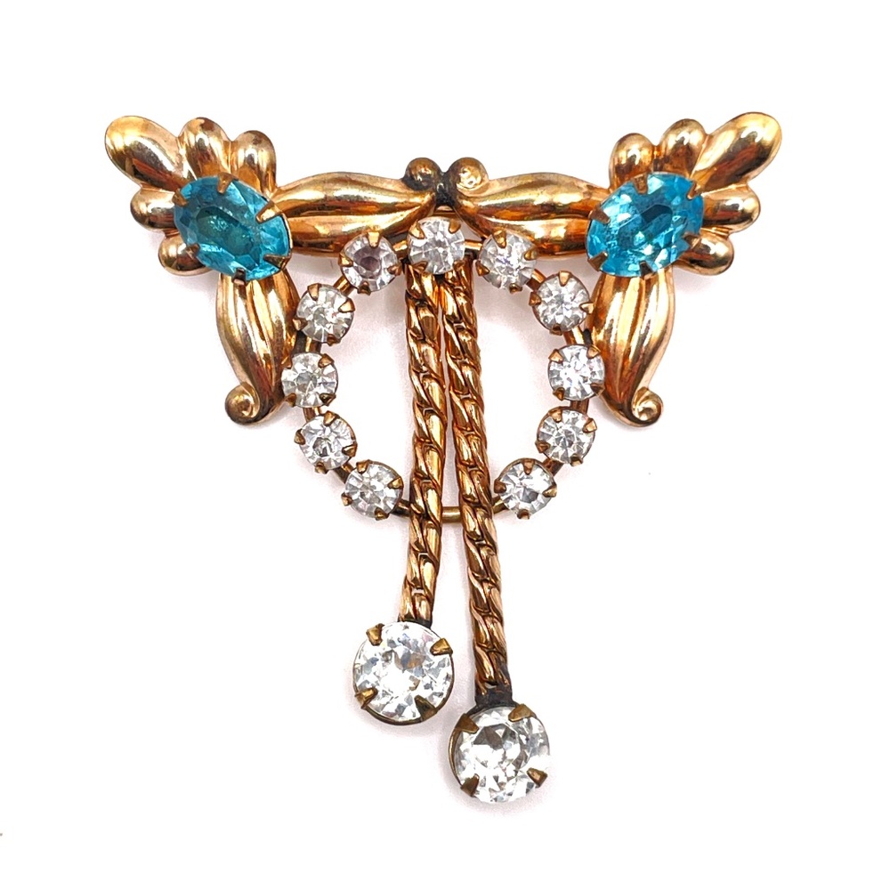 DeCurtis Signed Gold Filled Rhinestone Vintage Bow Like Pin Brooch